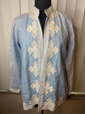 Mary Marshmallow Light Blue Embroidered Women's Jacket Ivory Trim Size Large